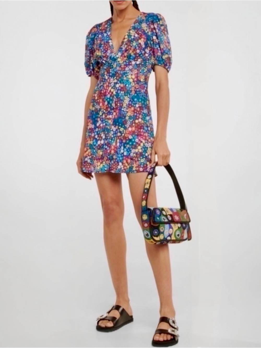STAUD Milla Floral-Print Crêpe de Chine Short Puff Sleeve V Neck Mini Dress NEW